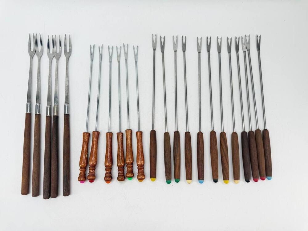 Vintage 23 Pc Fondue Fork Skewer Set Stainless Steel Wood Handles Japan Taiwan